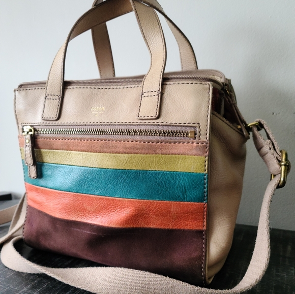 Fossil Vintage Leather & Suede Striped Satchel Crossbody Bag - Picture 2 of 6